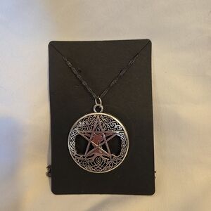 Silver and Red Pentagram Pendant Necklace